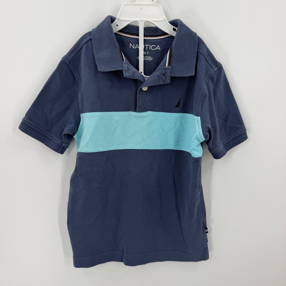 Nautica boys size 7 Polo Shirt Colorblock Stripe Blue Short Sleeve Preppy cotton